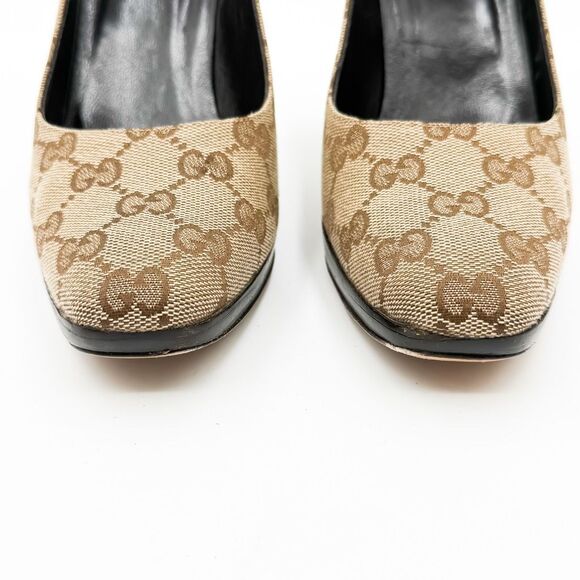 Gucci GG Monogram Brown Canvas Platform Pumps Wooden Heels Size 7.5 - Picture 4 of 12
